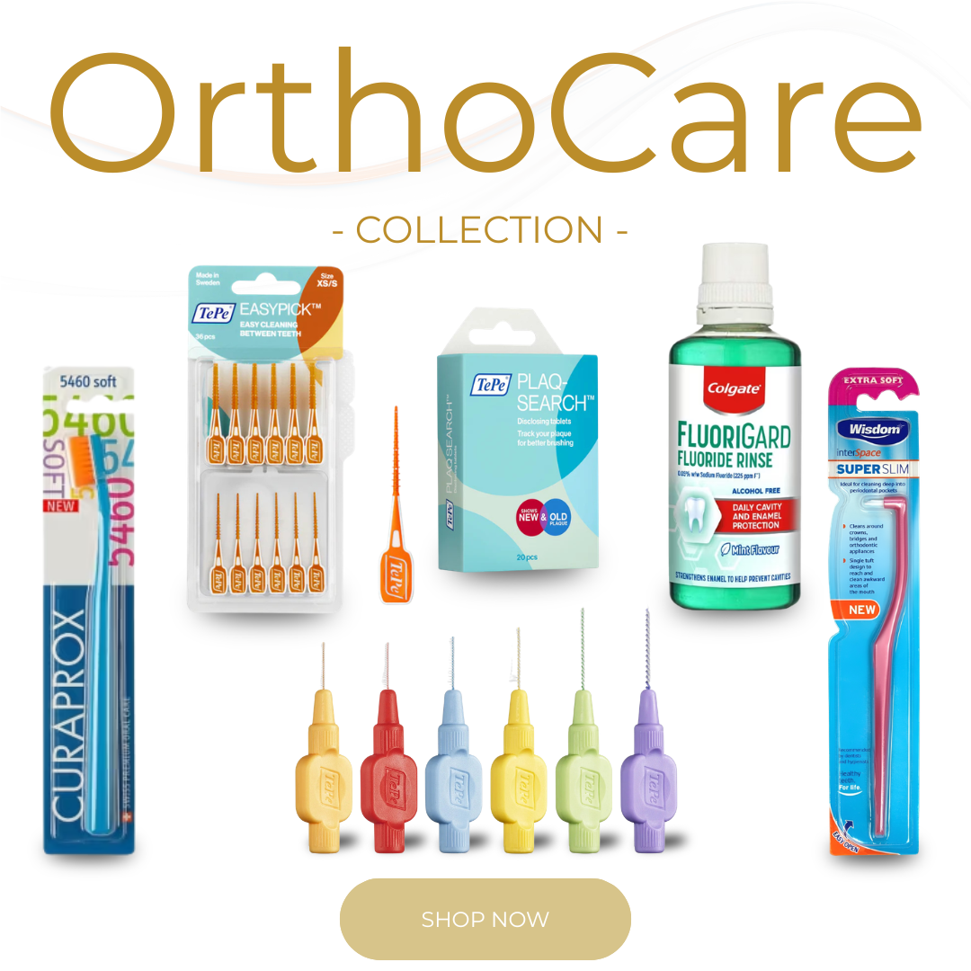 OrthoCare dental care products including toothbrushes, floss, and mouthwash on a white background.