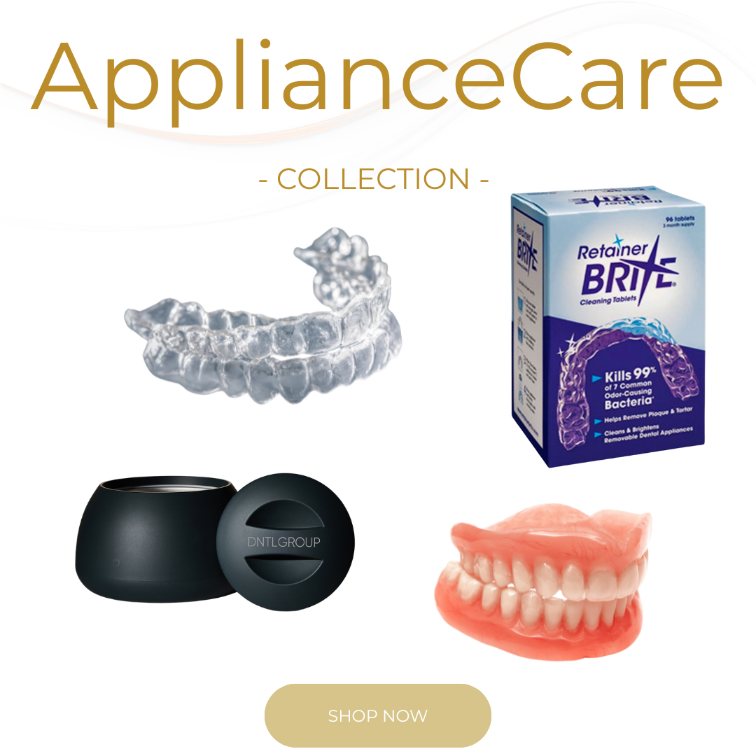 Collection of dental appliances and cleaning tablets with 'Appliance Care' branding on a white background.
